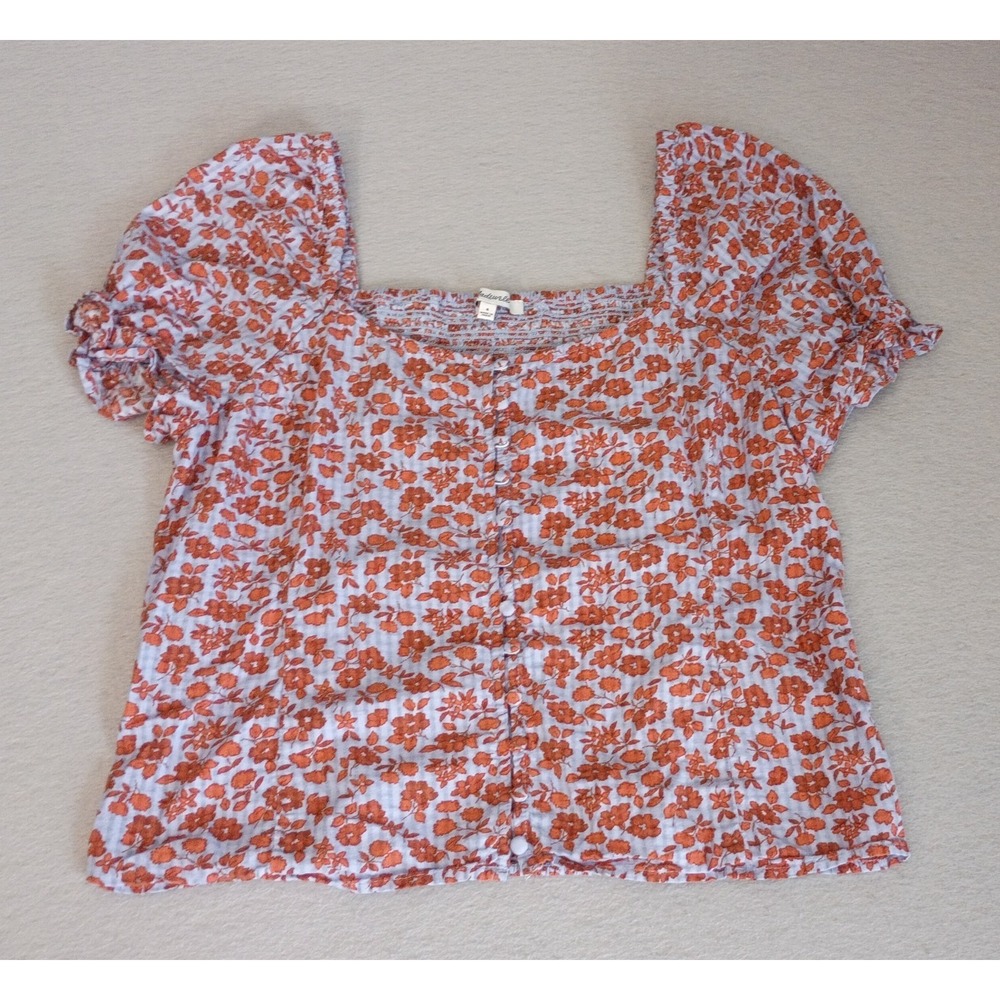 Madewell Blue Orange Floral Print Puff Sleeve Button Front Top Size 4